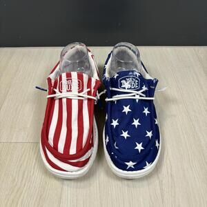 Hey Dude Wally Patriotic American Flag Shoes Size M7 W9 Slip On USA Canvas